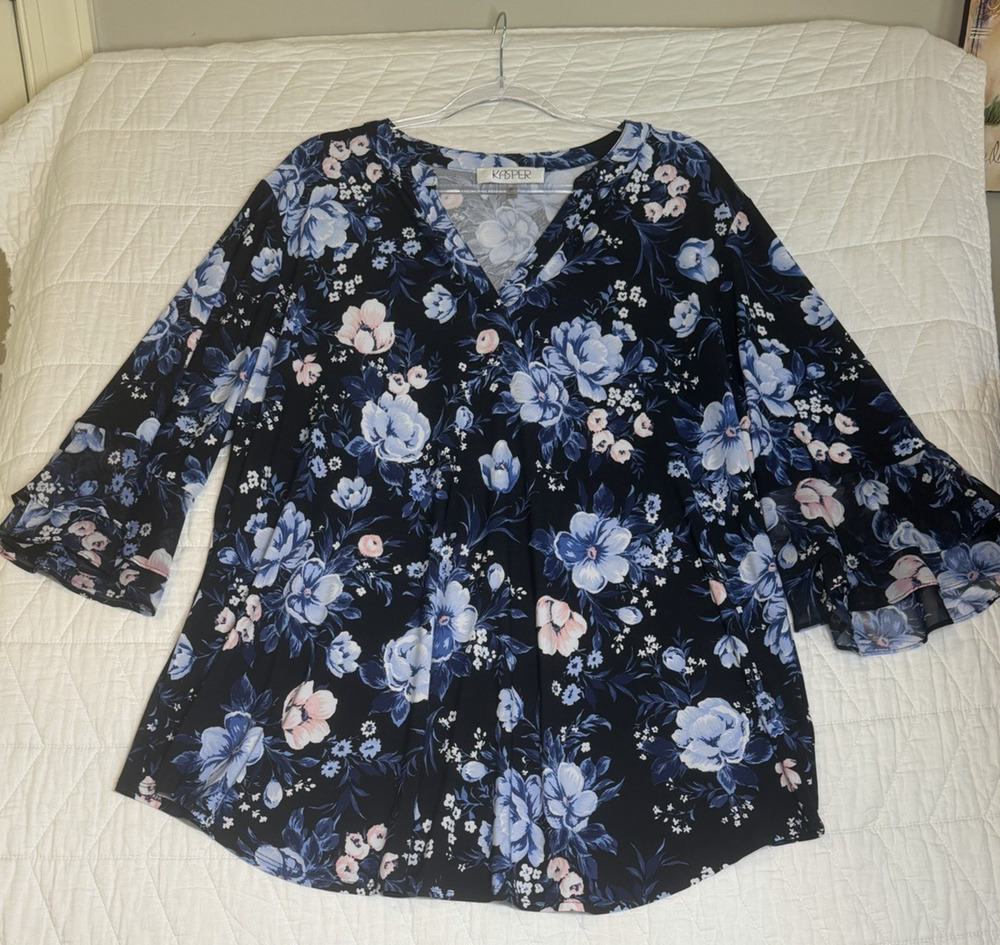 Kasper Floral Ruffle Bell Sleeve Blouse blue 2X Women Floral Chiffon